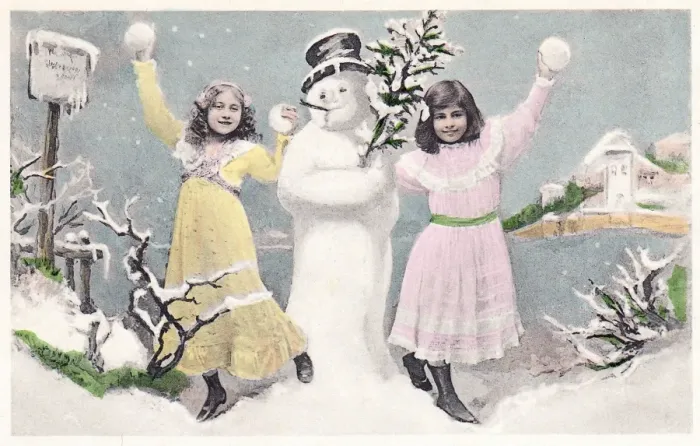Framed Print : Two girls with snowman on a Christmas postcard Framed Print : Two girls with snowman on a Christmas postcard