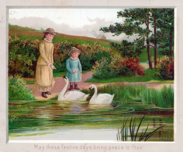 Framed Print : Two girls and two swans on a Christmas card Framed Print : Two girls and two swans on a Christmas card