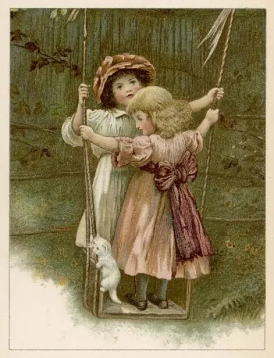 Framed Print : Girls Swing with Cat Framed Print : Girls Swing with Cat