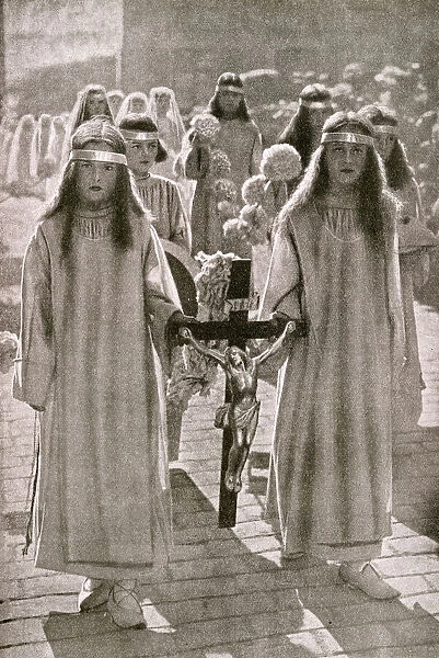 Girls taking part in a religious procession, France