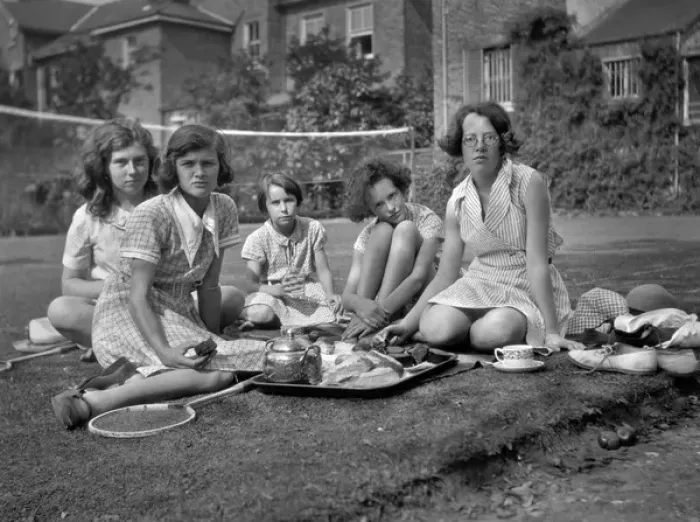 Framed Print : Five girls with tea tray in a garden Framed Print : Five girls with tea tray in a garden