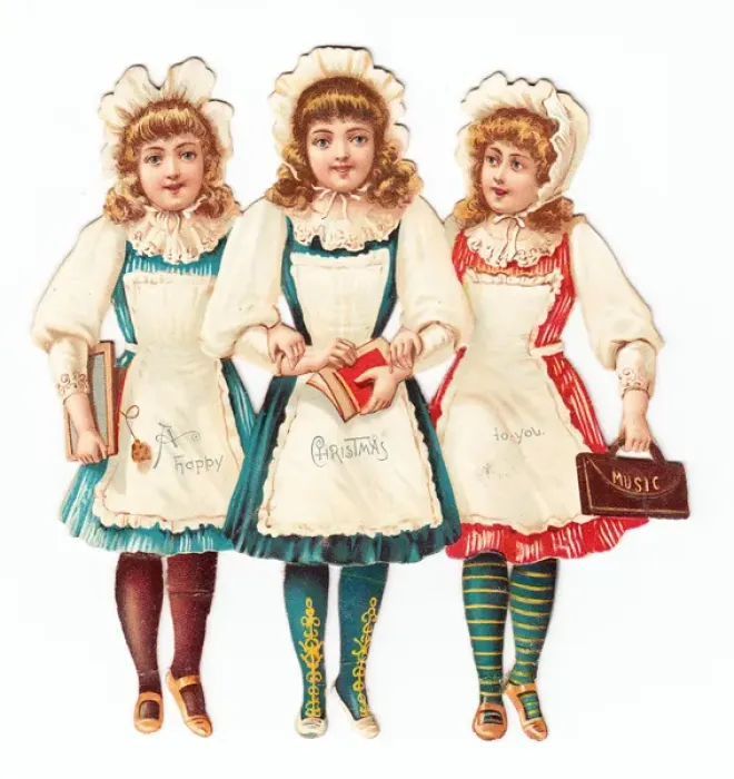 Framed Print : Three girls on a Victorian Christmas scrap Framed Print : Three girls on a Victorian Christmas scrap