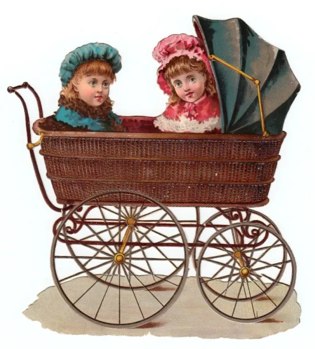 Framed Print : Girls in wickerwork pram on a Victorian scrap Framed Print : Girls in wickerwork pram on a Victorian scrap