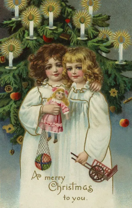 Framed Print : Two girls by Xmas tree Framed Print : Two girls by Xmas tree