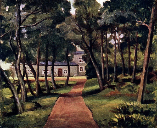 A Glade. Oil painting of a glade containing a near path leading to a large house