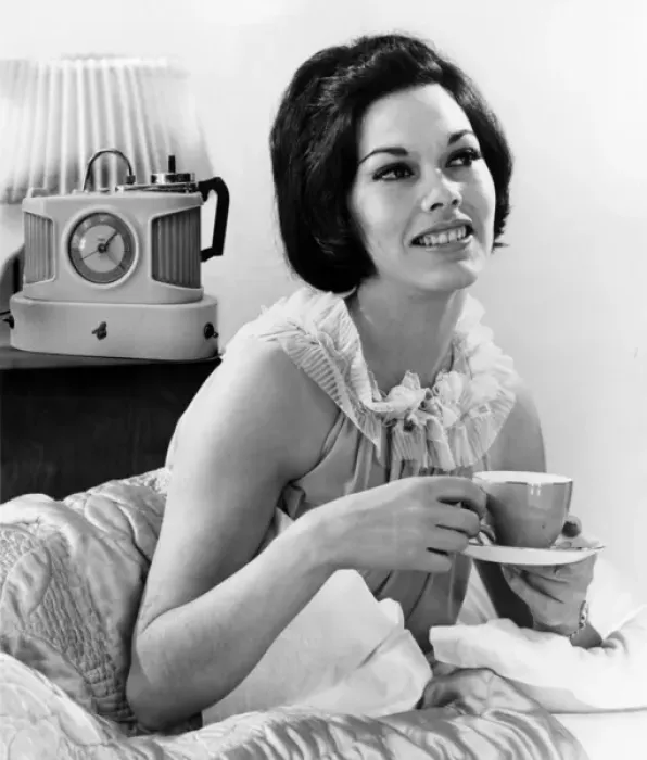 Framed Print : A glamorous female model with her trusty Goblin Teasmade Framed Print : A glamorous female model with her trusty Goblin Teasmade
