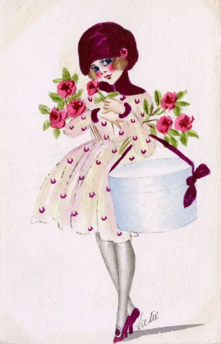Framed Print : Glamorous French Girl with Roses and a hat box