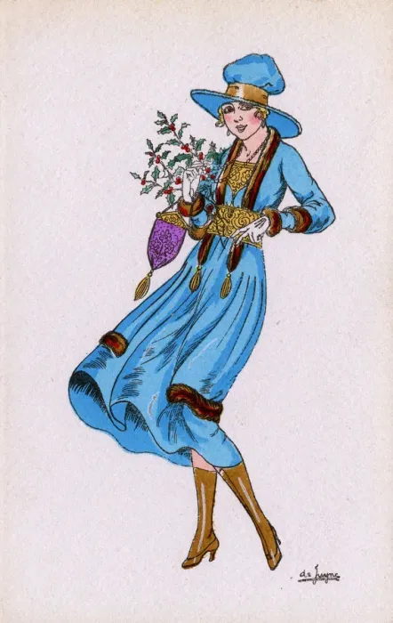Framed Print : Glamorous French Woman in turquoise ensemble with holly Framed Print : Glamorous French Woman in turquoise ensemble with holly