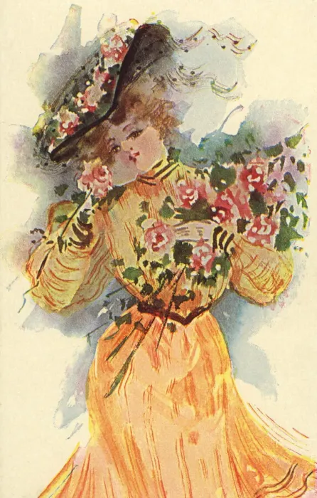 Framed Print : Glamour. Edwardian lady in orange dress and hat decorated with roses carrying Framed Print : Glamour. Edwardian lady in orange dress and hat decorated with roses carrying