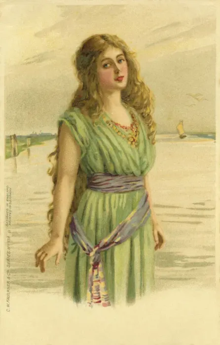 Framed Print : Glamour. Postcard illustration of woman in green dress standing in or by the sea Framed Print : Glamour. Postcard illustration of woman in green dress standing in or by the sea