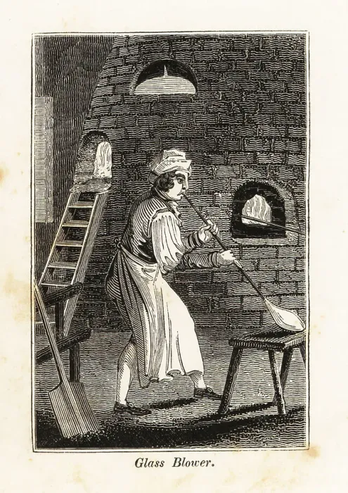 Framed Print : Glass-blower in apron blowing a glass bottle in a glass factory Framed Print : Glass-blower in apron blowing a glass bottle in a glass factory