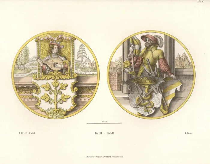 Framed Print : Glass paintings showing coats of arms with lute player Framed Print : Glass paintings showing coats of arms with lute player