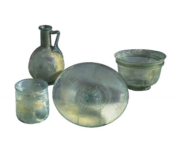 Glass, plate, bowl and bottle. Roman art. Glass
