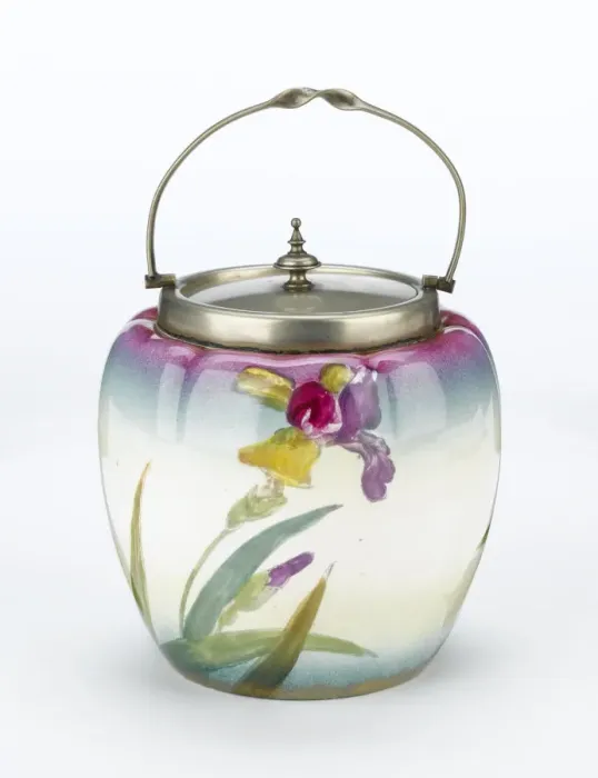 Framed Print : Vase. Glazed earthenware vase painted with irises with an electroplated Framed Print : Vase. Glazed earthenware vase painted with irises with an electroplated