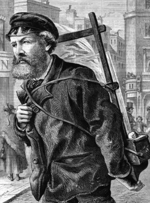 Framed Print : GLAZIER. The glazier on his way to install a window-pane Date: 1877 Framed Print : GLAZIER. The glazier on his way to install a window-pane Date: 1877