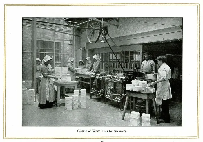 Framed Print : Glazing of white tiles by machinery, Alfred Meakin Framed Print : Glazing of white tiles by machinery, Alfred Meakin