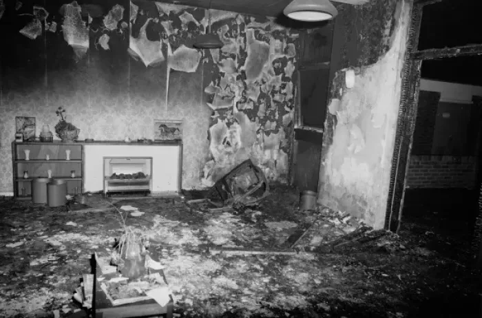 Framed Print : GLC-LFB Aftermath of fatal fire in care home, NE London Framed Print : GLC-LFB Aftermath of fatal fire in care home, NE London