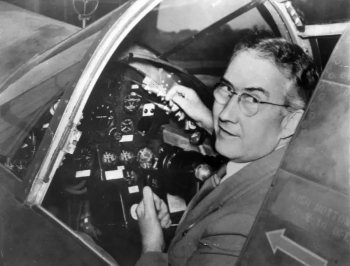 Framed Print : Glenn L Martin sitting in the cockpit of a Martin bomber