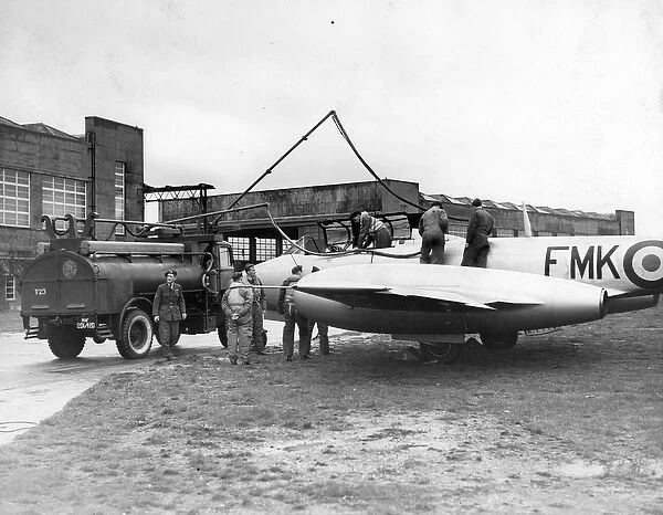 A Gloster Meteor T7 is refuelled