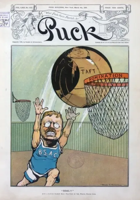 Framed Print : Goal!. Illustration shows Theodore Roosevelt wearing an athletic uniform Framed Print : Goal!. Illustration shows Theodore Roosevelt wearing an athletic uniform