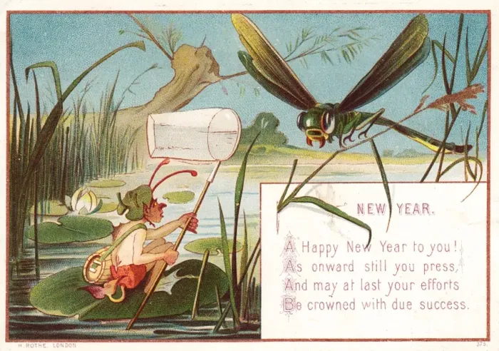 Framed Print : Goblin and dragonfly on a New Year card Framed Print : Goblin and dragonfly on a New Year card