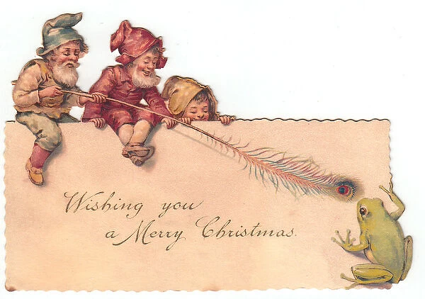Three goblins and a frog on a cutout Christmas card