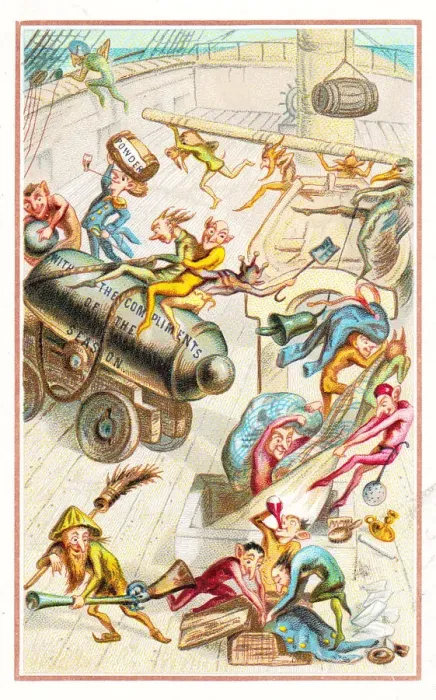 Framed Print : Goblins having fun on a ship on a Christmas card Framed Print : Goblins having fun on a ship on a Christmas card