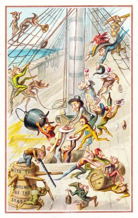 Framed Print : Goblins having fun on a ship on a Christmas card Framed Print : Goblins having fun on a ship on a Christmas card