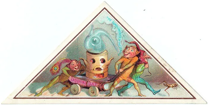 Framed Print : Three goblins with laughing gas on a Christmas card Framed Print : Three goblins with laughing gas on a Christmas card