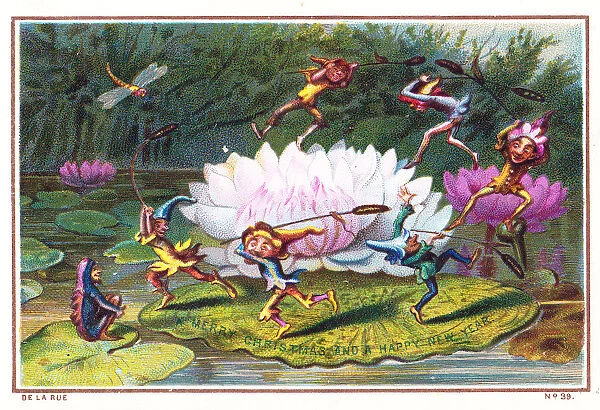 Goblins on a lily pad on a Christmas and New Year card