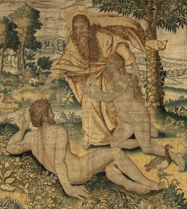 Framed Print : God creates woman. Flemish tapestry 1630 c Framed Print : God creates woman. Flemish tapestry 1630 c