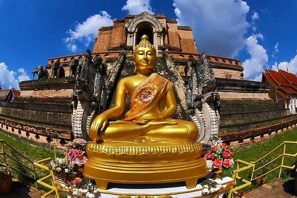 Gold Buddha statue at Wat Chedi Luang Temple in Chiang Mai