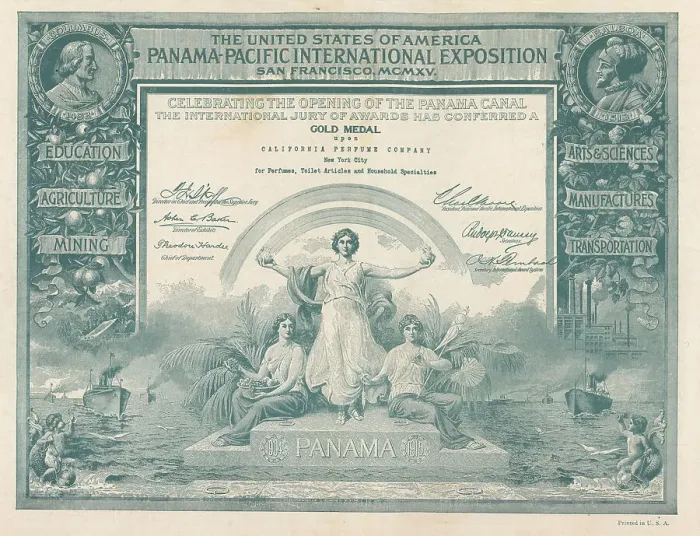 Framed Print : Gold Medal Certificate for the California Perfume Company, 1915 Framed Print : Gold Medal Certificate for the California Perfume Company, 1915