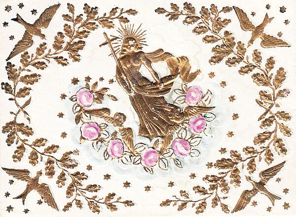 Golden angel with pink roses on a greetings card