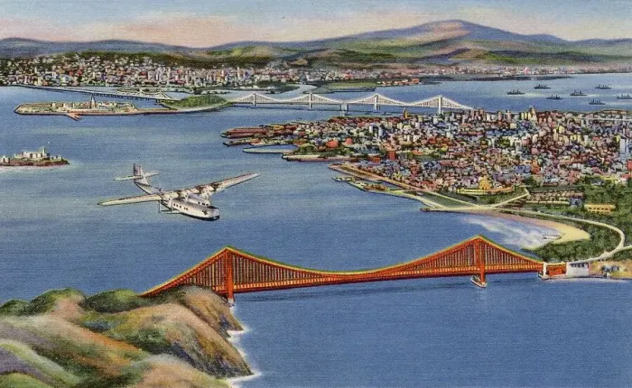Framed Print : Golden Gate Bridge and Oakland Bay Bridge, business district of San Francisco, California, USA, with Oakland, Berkeley, Alameda and East Bay cities in the distance Date: 1936 Framed Print : Golden Gate Bridge and Oakland Bay Bridge, business district of San Francisco, California, USA, with Oakland, Berkeley, Alameda and East Bay cities in the distance Date: 1936