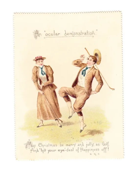 Framed Print : Golfing couple on a comic Christmas card Framed Print : Golfing couple on a comic Christmas card