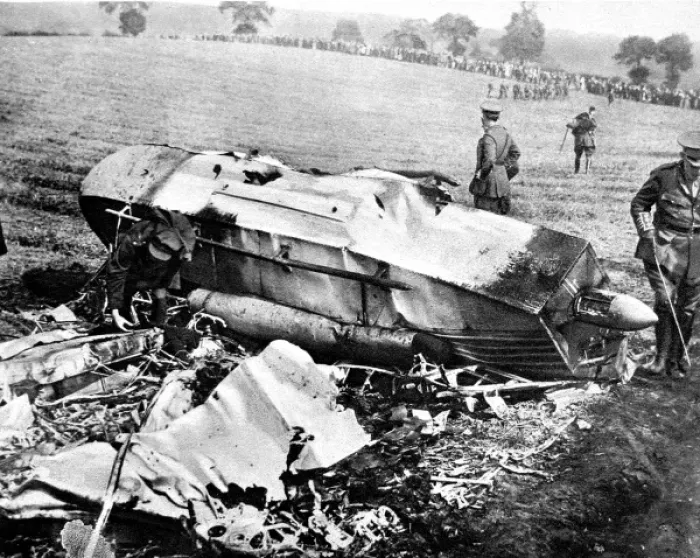 Framed Print : A gondola, part of a crashed zeppelin, being examined by Framed Print : A gondola, part of a crashed zeppelin, being examined by