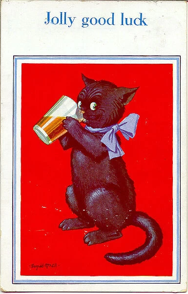 Good Luck postcard, Black cat drinking beer Date: 20th century