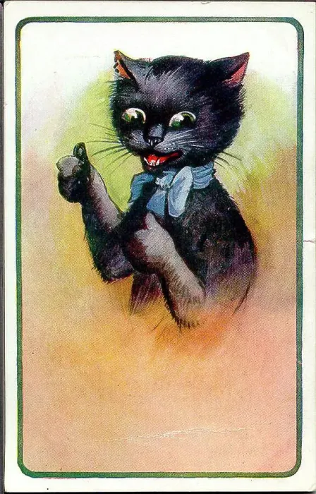 Framed Print : Good luck postcard, Black cat giving thumbs up Date: early 20th century