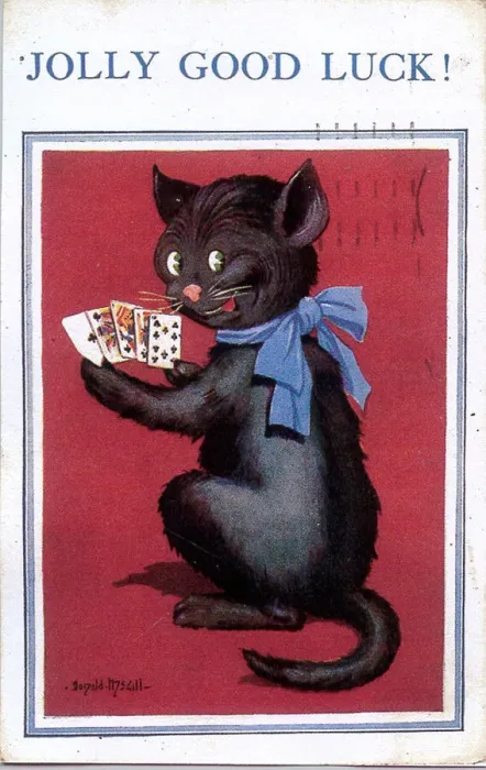 Framed Print : Good Luck postcard, Black cat with playing cards Date: 20th century Framed Print : Good Luck postcard, Black cat with playing cards Date: 20th century