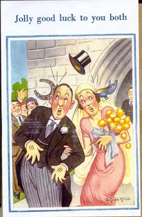 Framed Print : Good Luck postcard, Bride and groom leaving church Framed Print : Good Luck postcard, Bride and groom leaving church