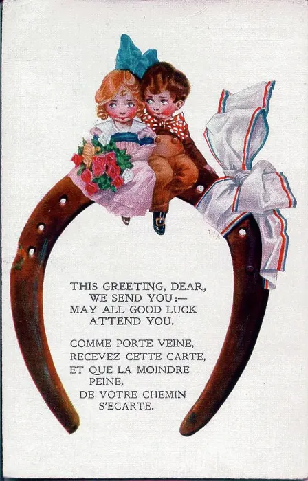 Framed Print : Good luck postcard, Little boy and girl, wedding. Date: early 20th century Framed Print : Good luck postcard, Little boy and girl, wedding. Date: early 20th century
