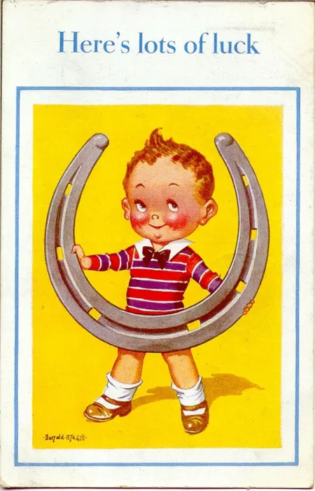 Framed Print : Good Luck postcard, Little boy with horseshoe Date: 20th century Framed Print : Good Luck postcard, Little boy with horseshoe Date: 20th century
