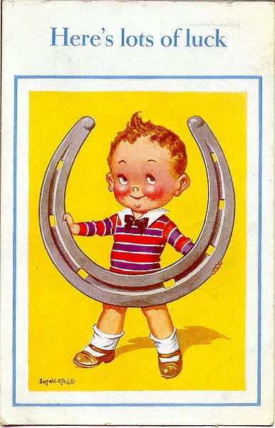 Good Luck postcard, Little boy with horseshoe Date: 20th century