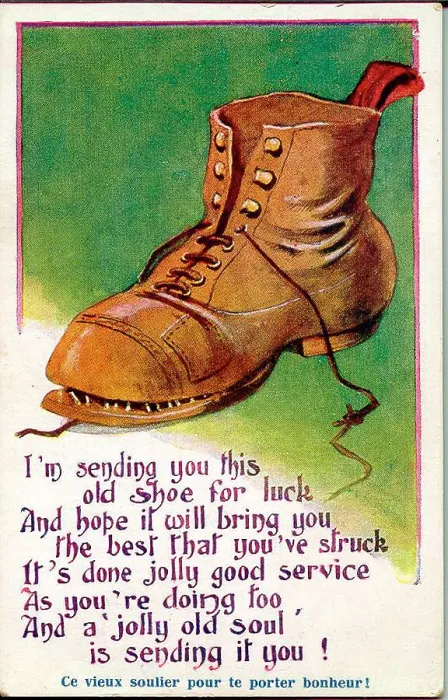 Framed Print : Good luck postcard, Old boot for a soldier, with verse. Date: 1914-1918 Framed Print : Good luck postcard, Old boot for a soldier, with verse. Date: 1914-1918