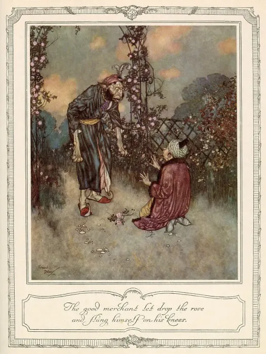 Framed Print : The good merchant let drop the rose and flung himself on his knees. Scene from Beauty and the Beast illustrated by Edmund Dulac in which the merchant (Beauty's father) is caught picking a rose by the Beast. Date: 1911 Framed Print : The good merchant let drop the rose and flung himself on his knees. Scene from Beauty and the Beast illustrated by Edmund Dulac in which the merchant (Beauty's father) is caught picking a rose by the Beast. Date: 1911