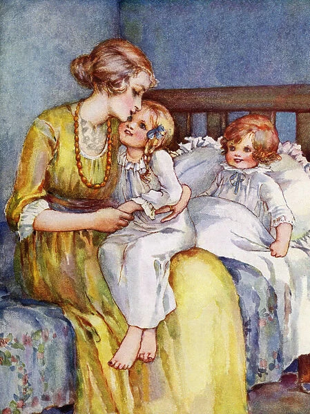 Goodnight - Mother and children at bedtime, cuddling and saying goodnight