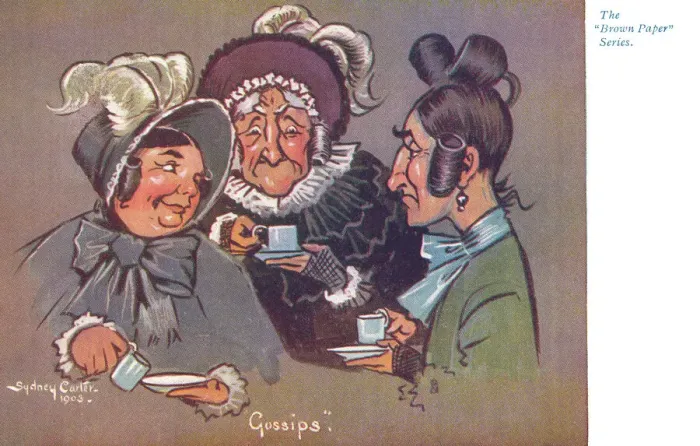 Framed Print : Gossips. Three elderly ladies chattering together over a cup of tea - setting Framed Print : Gossips. Three elderly ladies chattering together over a cup of tea - setting