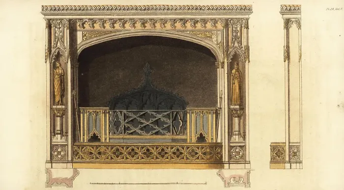 Framed Print : Gothic chimney-piece and stove Framed Print : Gothic chimney-piece and stove