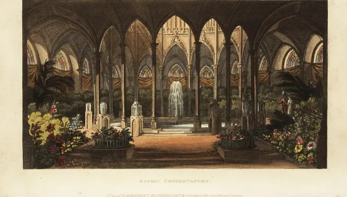 Framed Print : Gothic conservatory, Regency era Framed Print : Gothic conservatory, Regency era